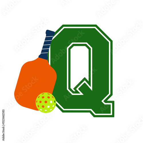 Pickleball paddle and ball with varsity Q, Orange pickleball paddle and neon green ball with white holes in front of a bold green varsity-style letter Q on a light background.

