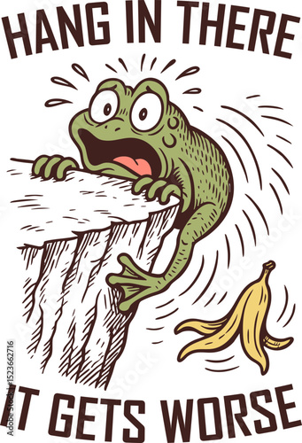 Hang in There It Gets Worse – Funny Falling Frog with Banana Peel and Cliff Edge