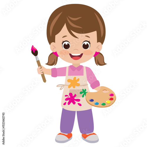 Cute little girl artist vector cartoon flat style illustration