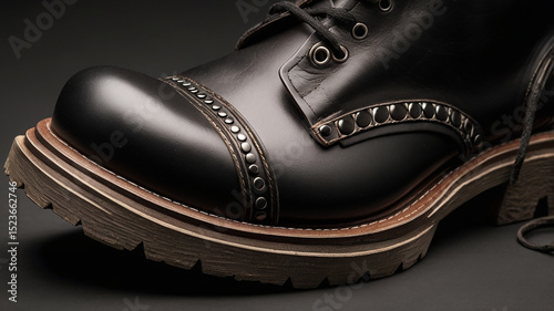 Closeup of black leather brogue boots with metal studs