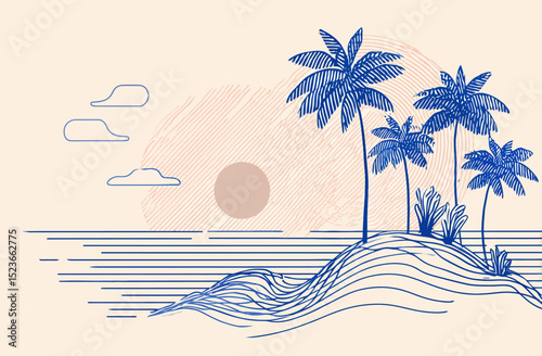 Minimalist Summer Beach Landscape Blue Palm Trees, Ocean Waves, Sunset Illustration