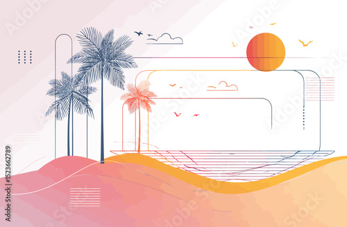 Minimalist Summer Landscape Palm Trees, Sunset, and Ocean Waves Design