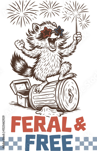 Feral & Free – Funny Wild Raccoon on Trash Can Celebrating 4th of July with Fireworks