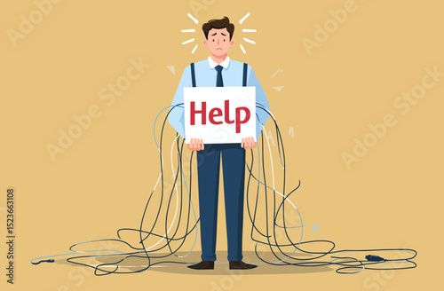 Overwhelmed Businessman Seeking Help Amidst Tangled Wires and Complex Issues