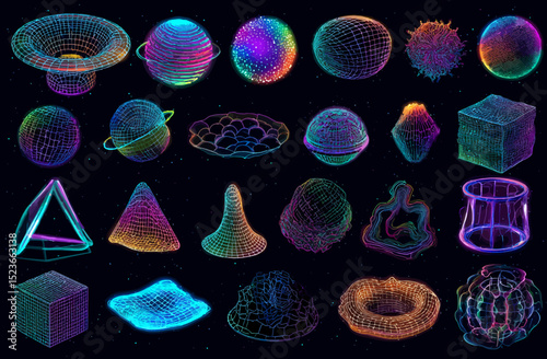 Vibrant Retrofuturistic Geometric Shapes A Collection of Wireframe 3D Models