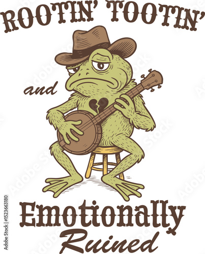 Rootin’ Tootin’ and Emotionally Ruined – Sad Frog Playing Banjo in Cowboy Hat