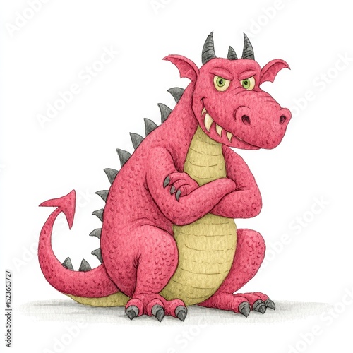 Pink cartoon dragon with crossed arms, textured appearance, sitting on a white background. Illustration style