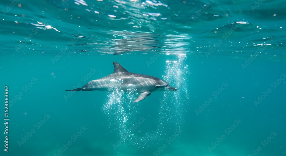 Fototapeta premium Dolphin Swimming Underwater with Bubbles