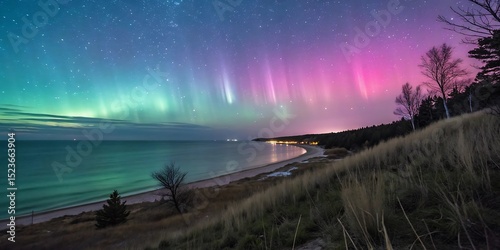 Stunning nighttime coastal landscape illuminated by the breathtaking aurora borealis displaying vivid colors