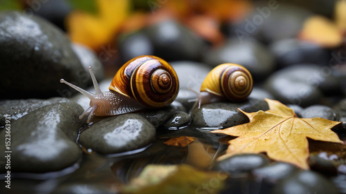 Two snails crawling on wet rocks in autumn