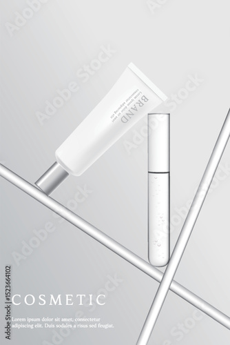 Cosmetic product ads template on gray lab background with serum in  glassware.