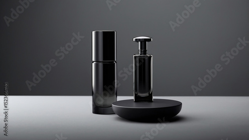 Elegant black perfume bottles on dark background
