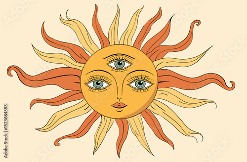 Retro Groovy Sun with Three Eyes Vintage Illustration