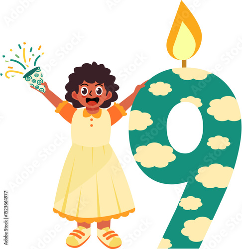 Happy Child Celebrating 9th Birthday with Party Popper