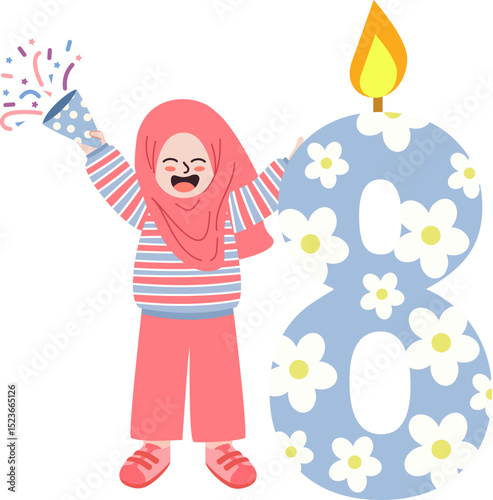 Happy Muslim Girl Celebrating 8th Birthday with Party Popper