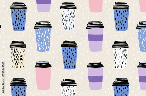 Seamless Pattern of Colorful Coffee Cups Abstract Design for Backgrounds and Prints