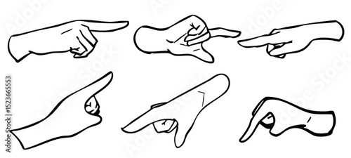様々な角度の指差しのジェスチャーのイラストセット　手書き　ベクター黒