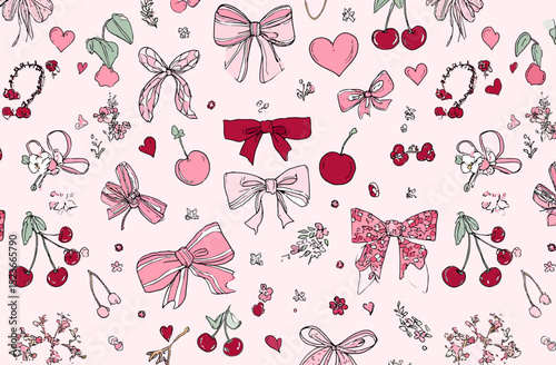 Seamless Pink Pattern with Bows, Cherries, and Hearts Cute Vector Illustration