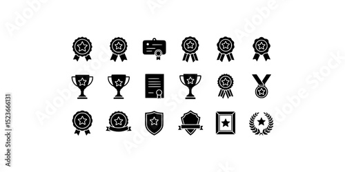 Trophy and award icons set suitable for certificates, websites, and presentations to symbolize success, recognition, and achievement in black and white.