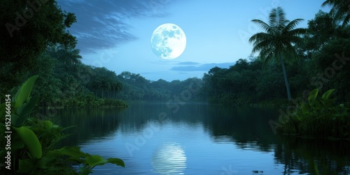 Fototapeta Naklejka Na Ścianę i Meble -  Tranquil moonlit lake in tropical rainforest at night