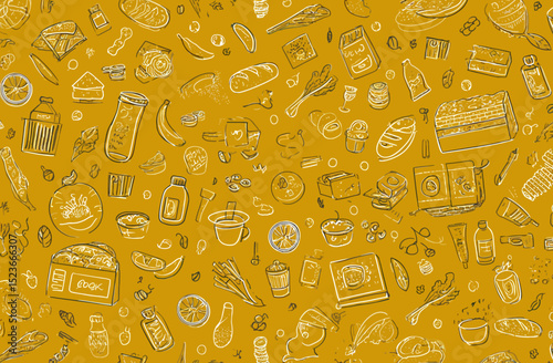 Seamless Doodle Food Pattern Vector Banner Background for Culinary Designs