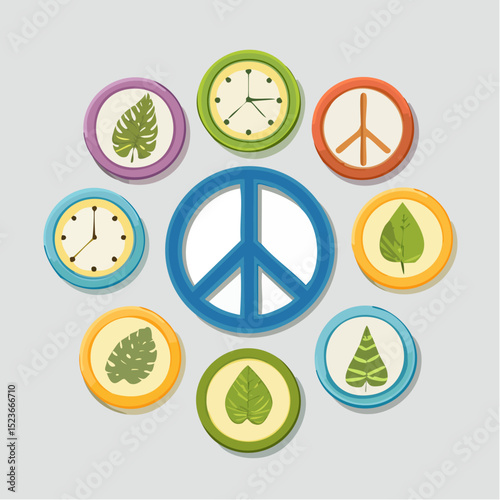 Framed Icon Set – Clock, Leaf, Notebook, Peace Symbol Representing Work-Life Values