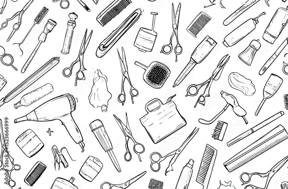 Seamless Pattern of Hairdressing Tools Scissors, Combs, and More Seamless Pattern of Hairdressing Tools Scissors, Combs, and More