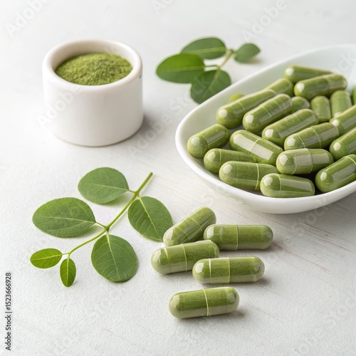 Green Moringa Capsules and Powder Natural Supplement, Herbal Remedy Moringa, dietary supplement