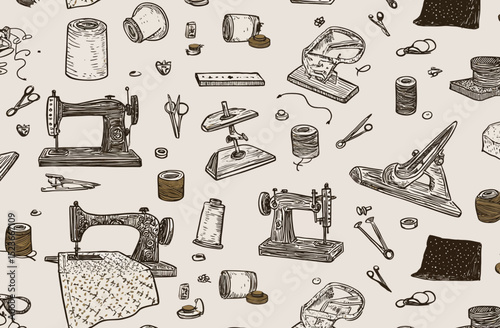Seamless Vector Pattern Vintage Sewing Tools and Machines
