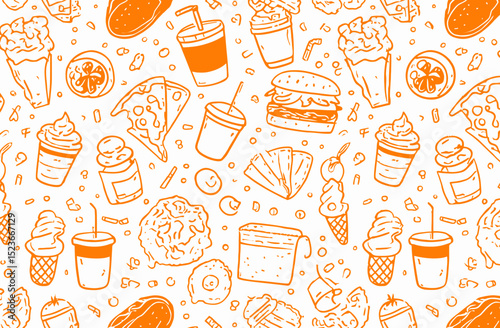 Seamless Vector Pattern of Fast Food and Drinks
