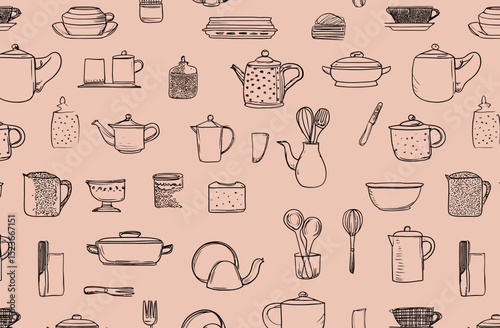 Seamless Vector Pattern of Vintage Kitchenware Pots, Teapots, Utensils, and More