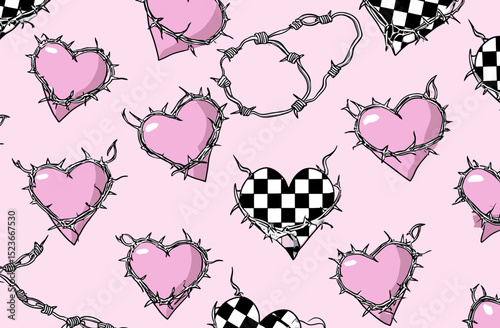 Seamless Vector Pattern Pink Hearts, Barbed Wire, Checkered Hearts