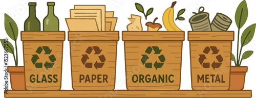 Illustration of labeled recycling bins for glass, paper, organic, and metal waste promoting eco-friendly waste separation habits.