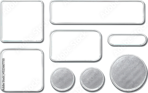 Minimalist vector illustration of chrome wireframe UI components in various geometric shapes for futuristic digital interfaces.