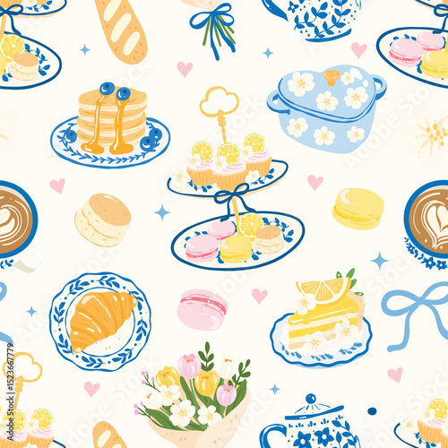 Elegant Afternoon Tea Seamless Pattern, Kawaii Bakery Digital Paper with Cupcakes, Macarons, Pancakes, Lemon Cake and Tea Set