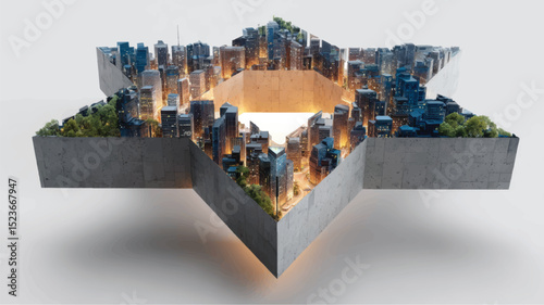 Futuristic vector city in star shape with glowing lights and forest edges, merging urban planning with imaginative eco-architecture concept.