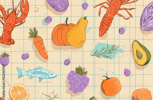 Seamless Vector Pattern of Fresh Food Fruits, Vegetables, and Seafood