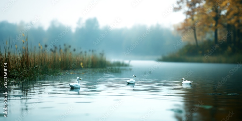 Fototapeta premium Three swans on a calm lake in autumn peaceful nature scene