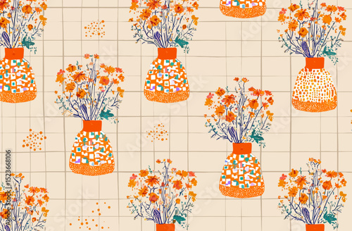 Seamless Vector Pattern Orange Flower Bouquets in Vintage Vases