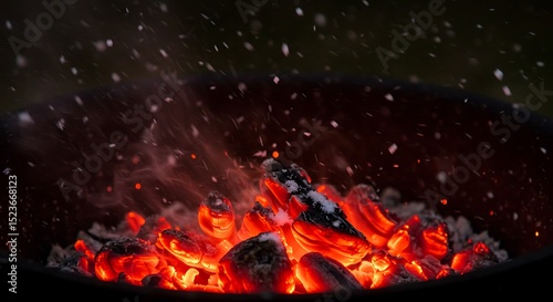 An intense and dynamic macro close-up captures glowing red-hot charcoal embers inside a dark barbecue grill or fire pit.