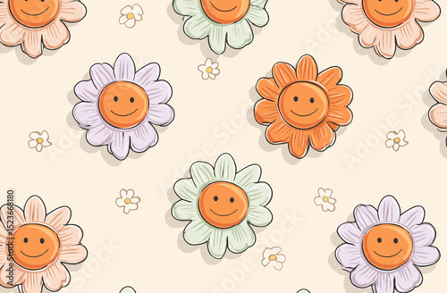 Seamless Happy Flower Pattern Pastel Smiley Daisy Vector Illustration