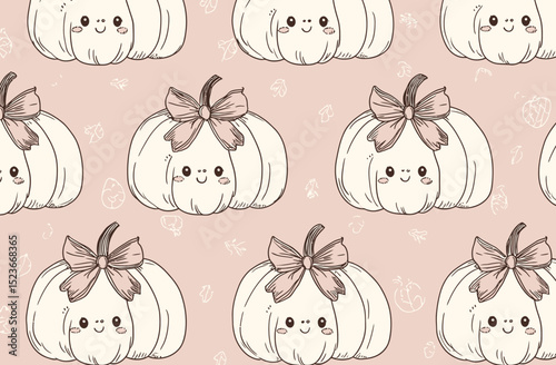 Adorable Seamless Pattern Cute White Pumpkins with Pink Bows on Blush Background