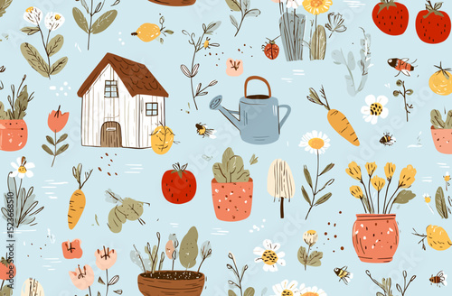 Charming Cottage Garden Seamless Pattern Vector Illustration of Flowers, Vegetables, and Farmhouse