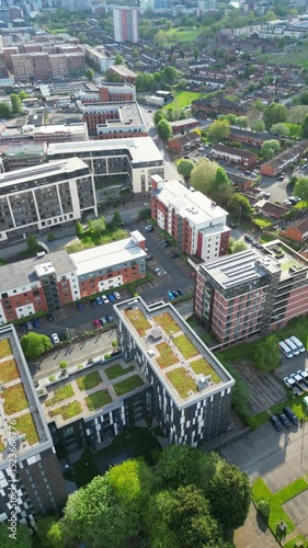 High Angle Footage of Greater Manchester Central City During Sunset, England Great Britain. Drone Camera Footage Was Captured During Cloudy Sunset Time on May 4th, 2024