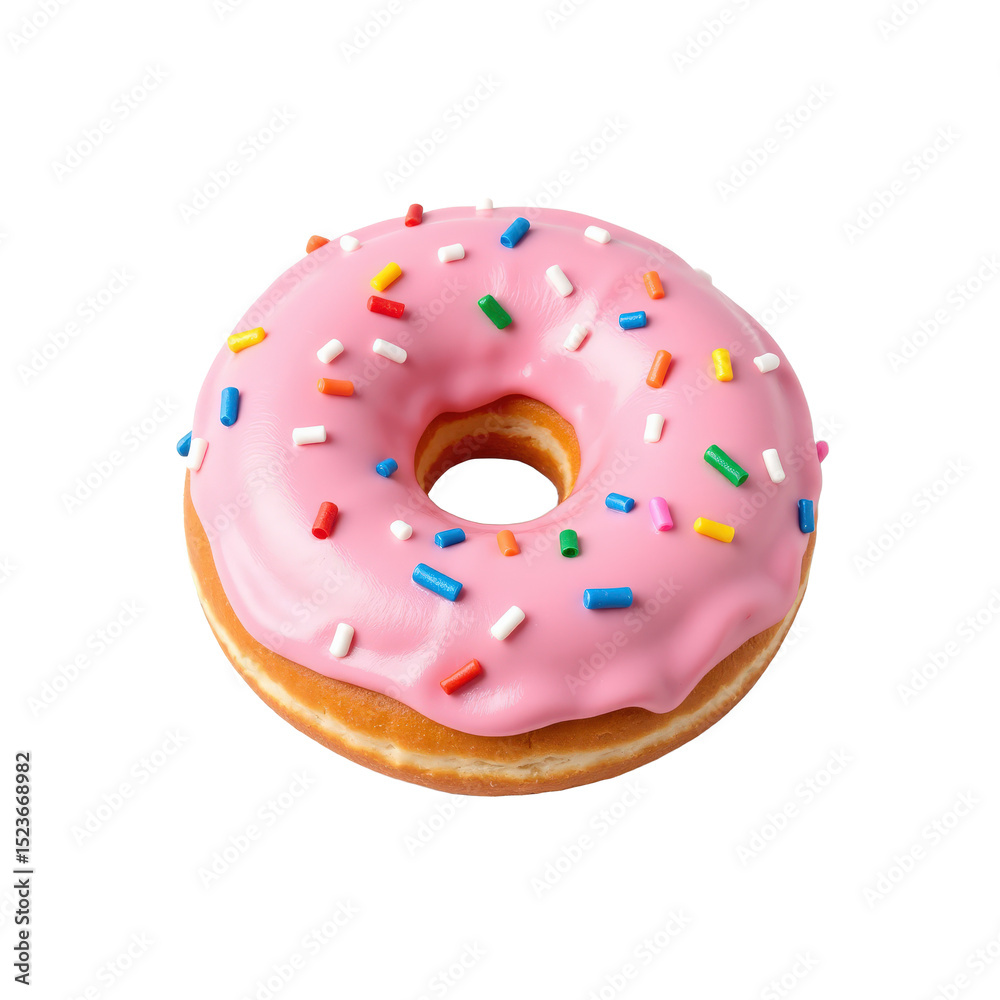 Delicious pink frosted donut with multicolored sprinkles on a transparent background, perfect for bakery displays.. Delicious pink frosted donut with multicolored sprinkles on a transparent background, perfect for bakery displays..