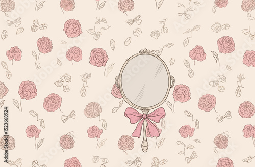 Elegant Floral Seamless Pattern with Antique Hand Mirror Vector Illustration