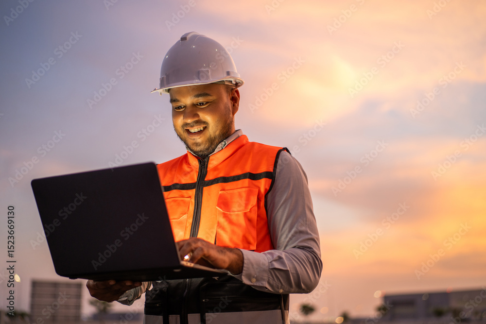 Smart engineer wearing safety uniform working with tablet near airport at night. Maintenance Engineer using tablet to checking inspection in night lights of industry background Smart engineer wearing safety uniform working with tablet near airport at night. Maintenance Engineer using tablet to checking inspection in night lights of industry background