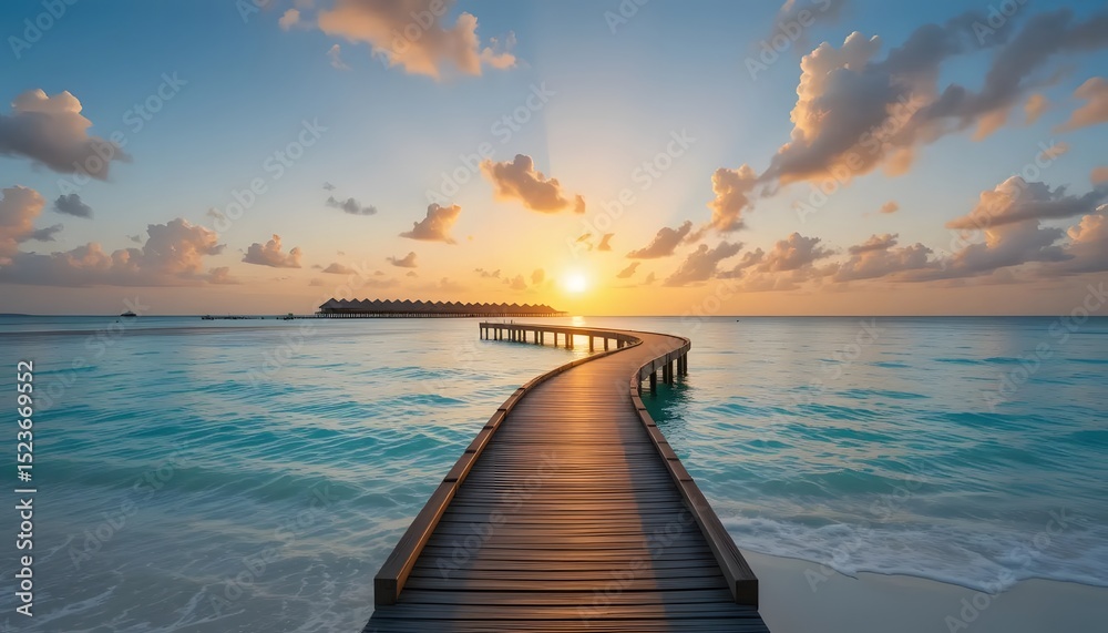 Fototapeta premium Serene sunset over tropical boardwalk and ocean in Maldives