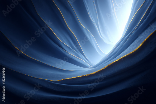 Abstract Blue and Gold Waves with Ethereal Light Texture Background Art with Smooth Curved Layers and Golden Highlights Design