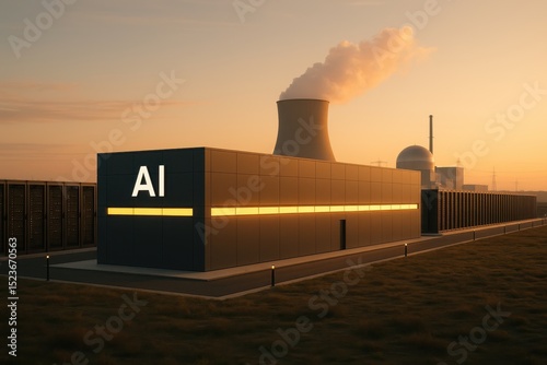 Nuclear power facility supporting artificial intelligence infrastructure at sunset in a modern energy landscape